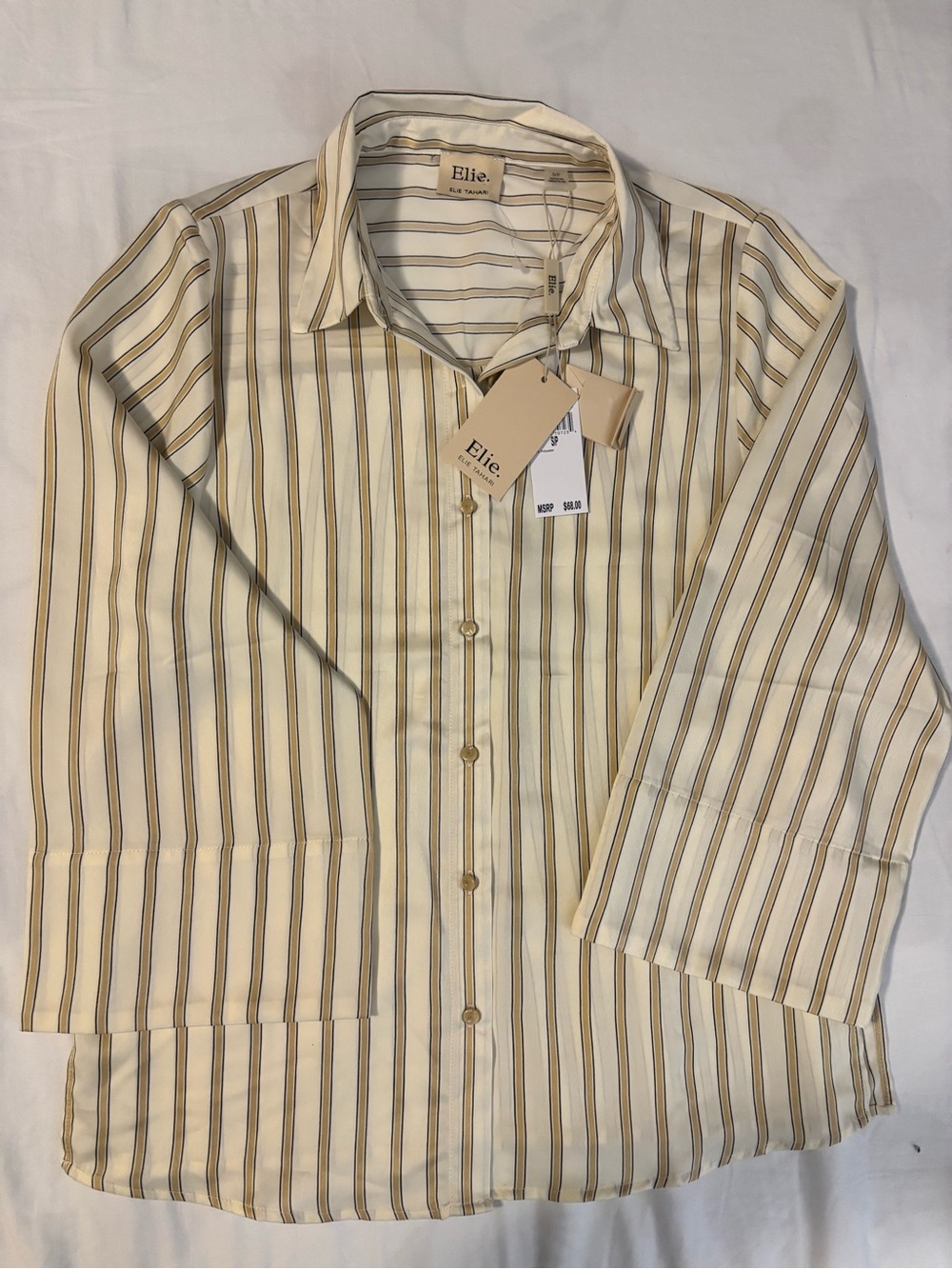 Elie Tahari Cream Button-Down with Tan and Brown Stripes